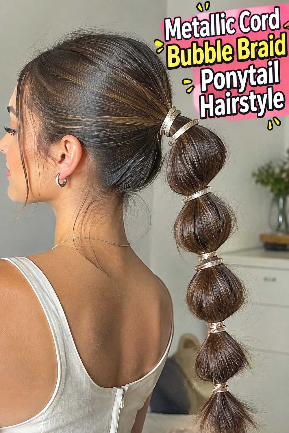 6. Metallic Cord Bubble Braid Ponytail Hairstyle