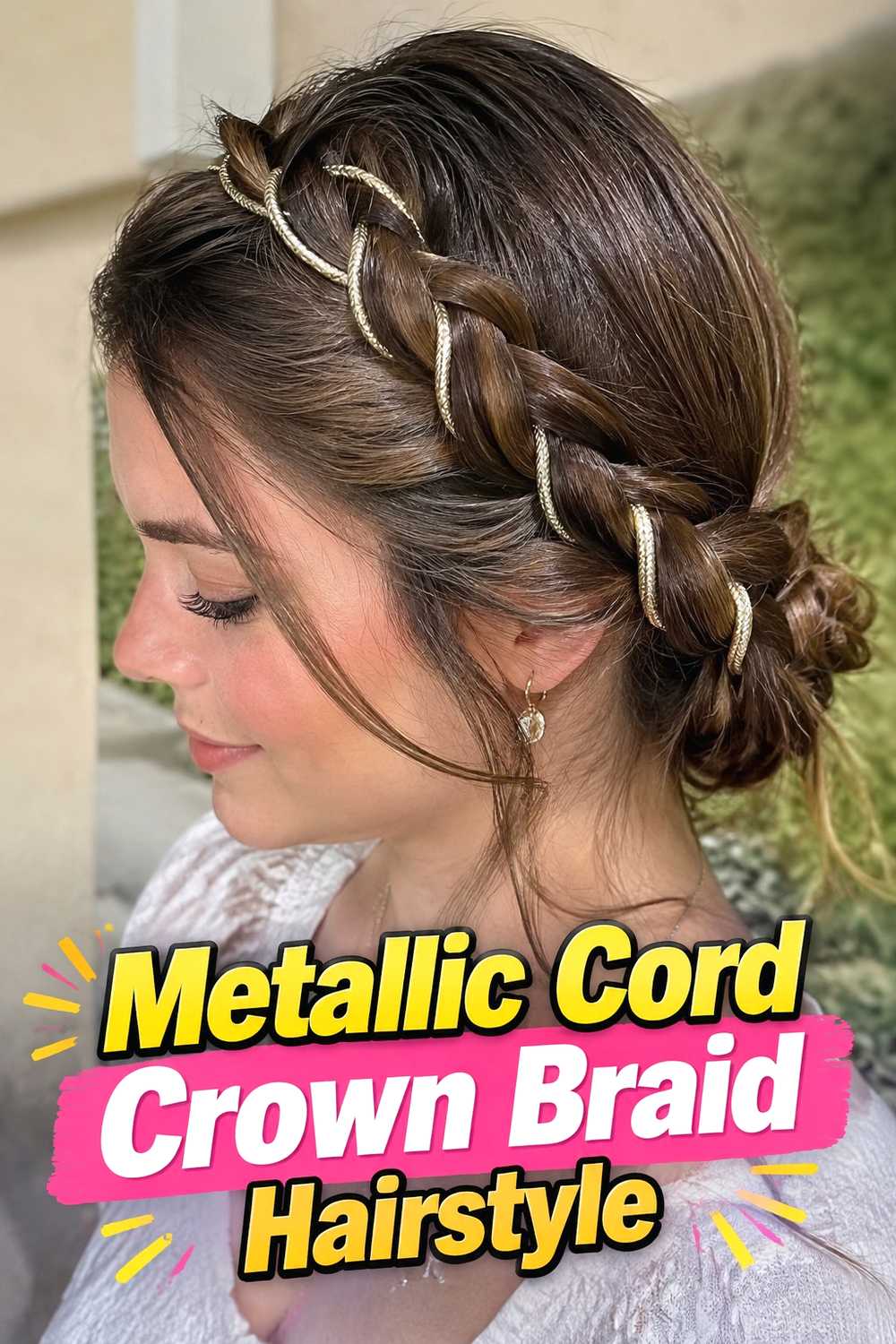 3. Metallic Cord Crown Braid Hairstyle