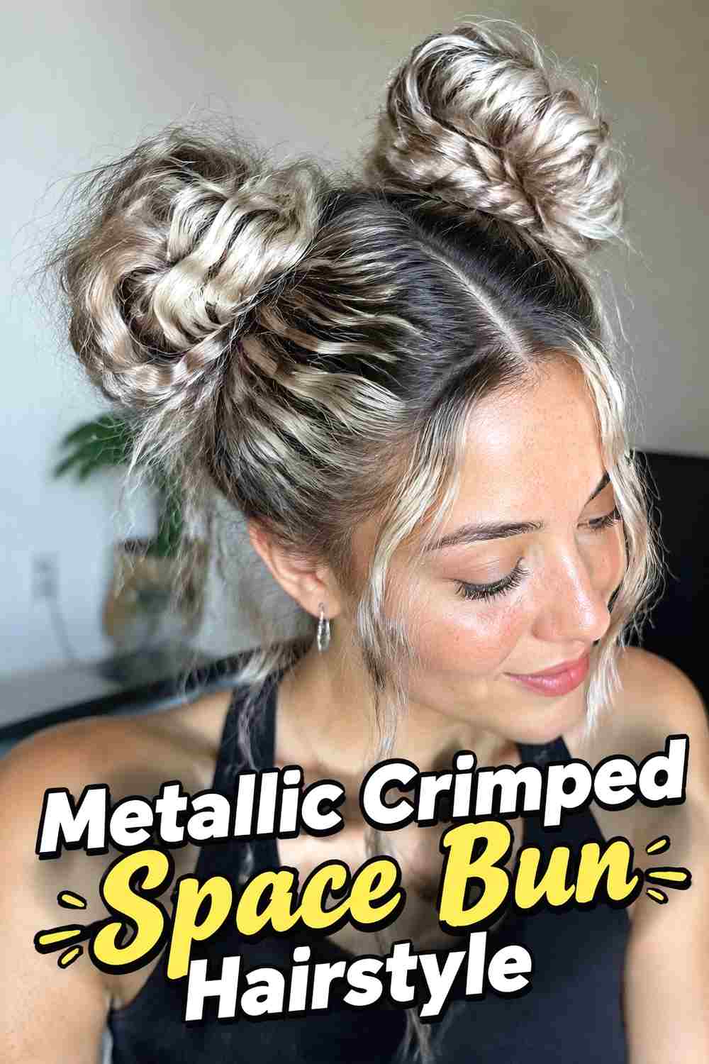8. Metallic Crimped Space Bun Hairstyle