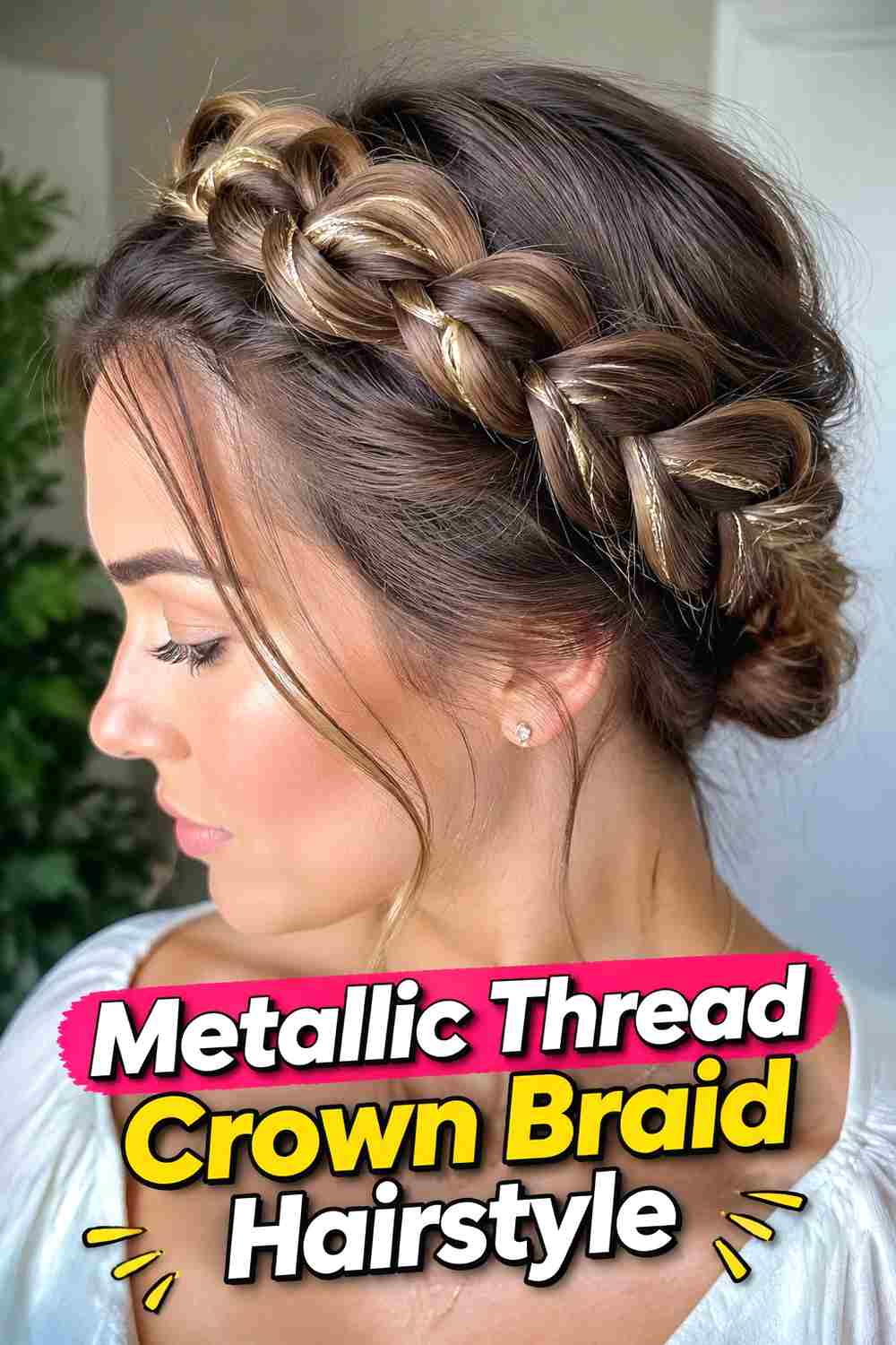 7. Metallic Thread Crown Braid Hairstyle