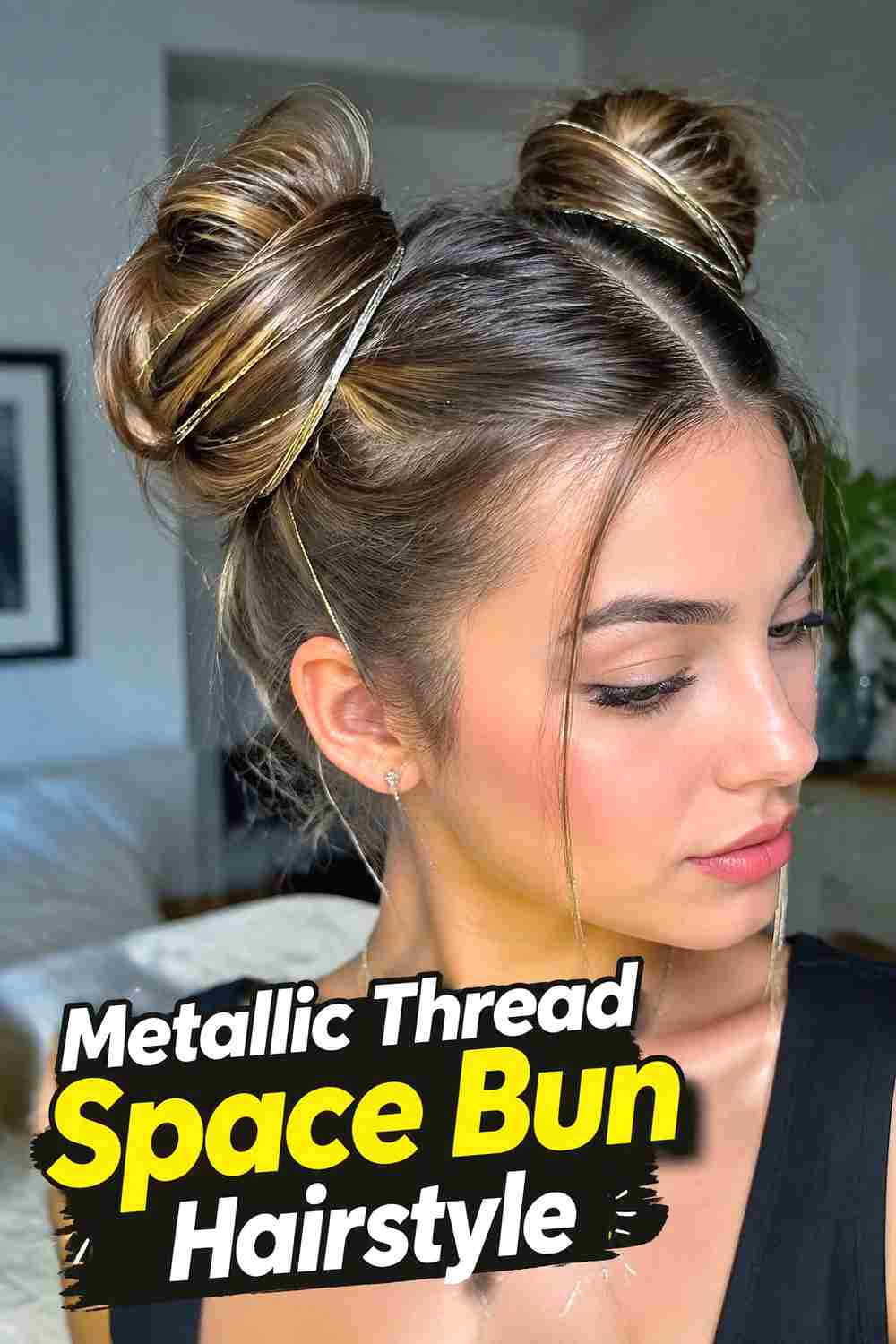 9. Metallic Thread Space Bun Hairstyle
