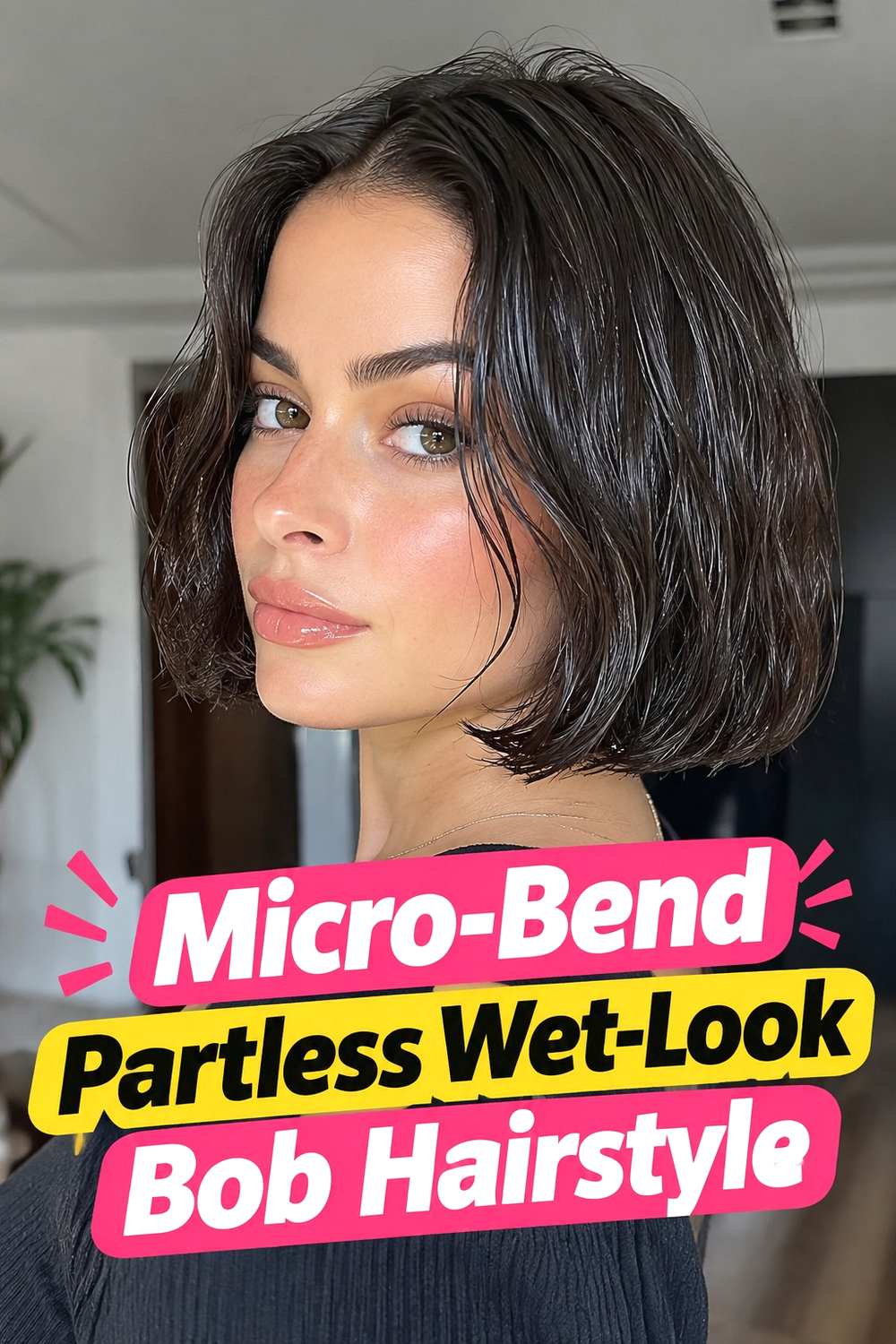 11. Micro Bend Partless Wet Look Bob Hairstyle