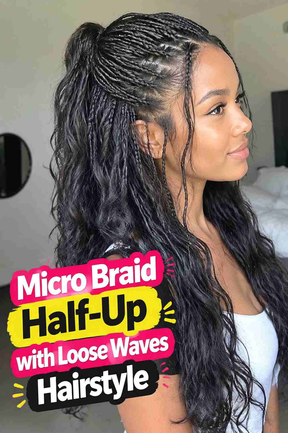 8. Micro Braid Half Up With Loose Waves Hairstyle