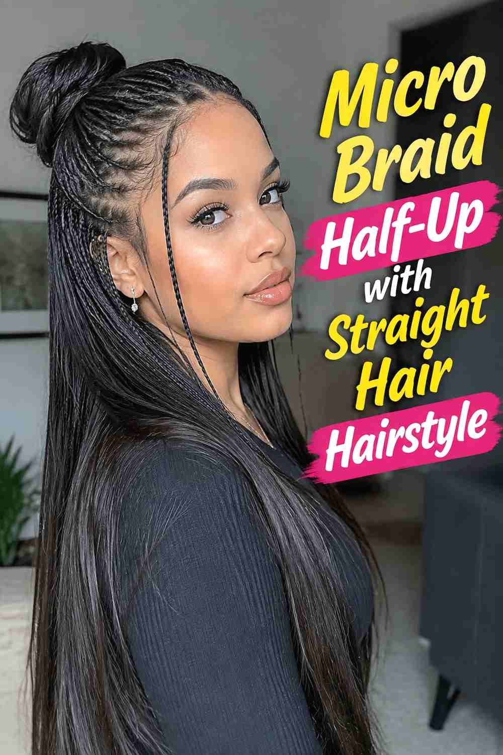 9. Micro Braid Half Up With Straight Hair Hairstyle