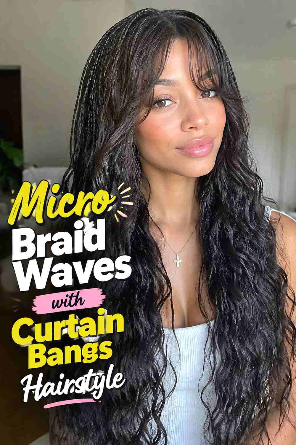 13. Micro Braid Waves With Curtain Bangs Hairstyle