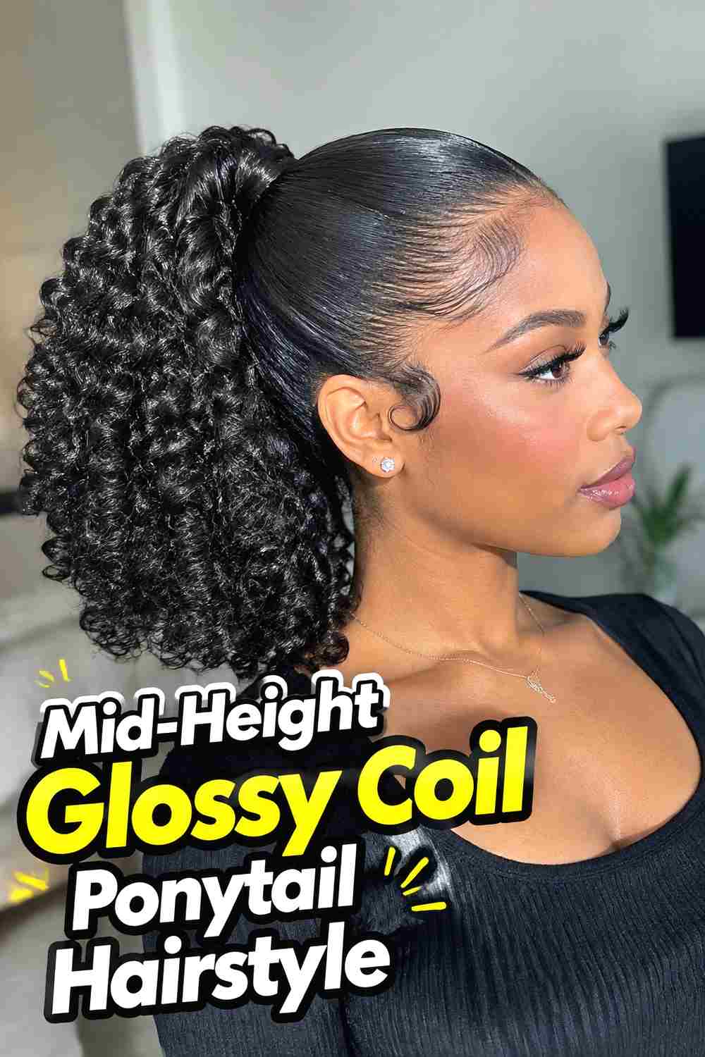 7. Mid Height Glossy Coil Ponytail Hairstyle