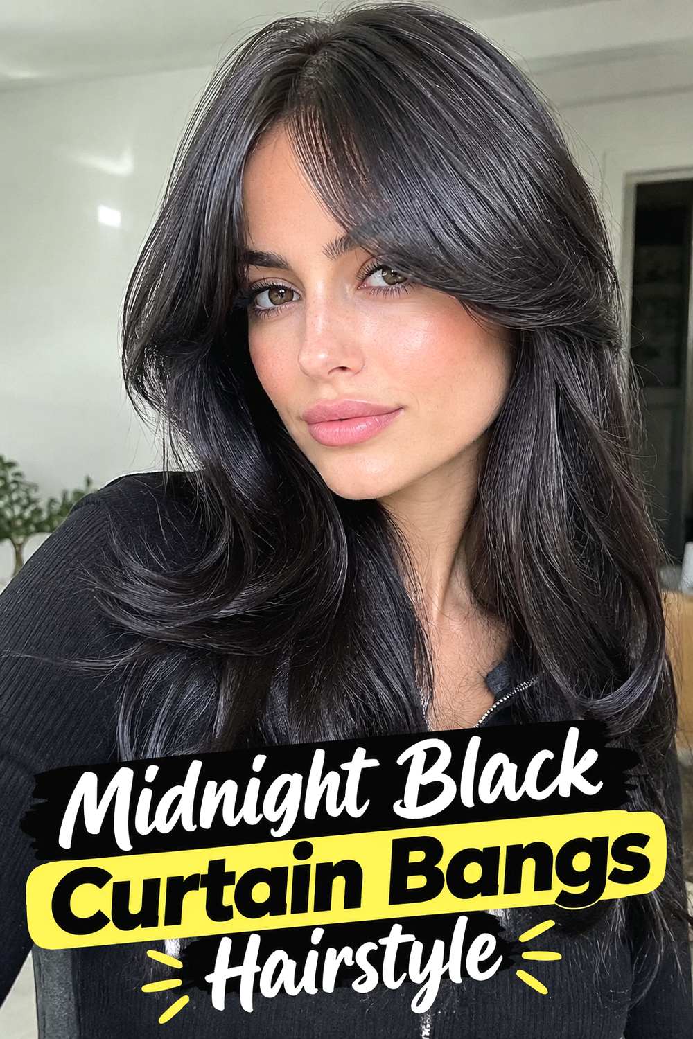 Midnight Black Curtain Bangs Hairstyle