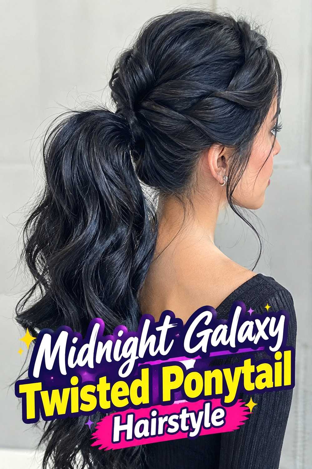 16. Midnight Galaxy Twisted Ponytail Hairstyle
