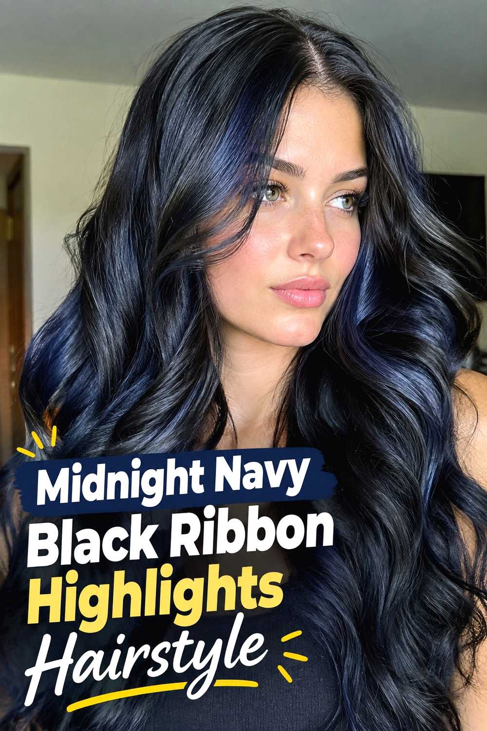 7. Midnight Navy Black Ribbon Highlights Hairstyle