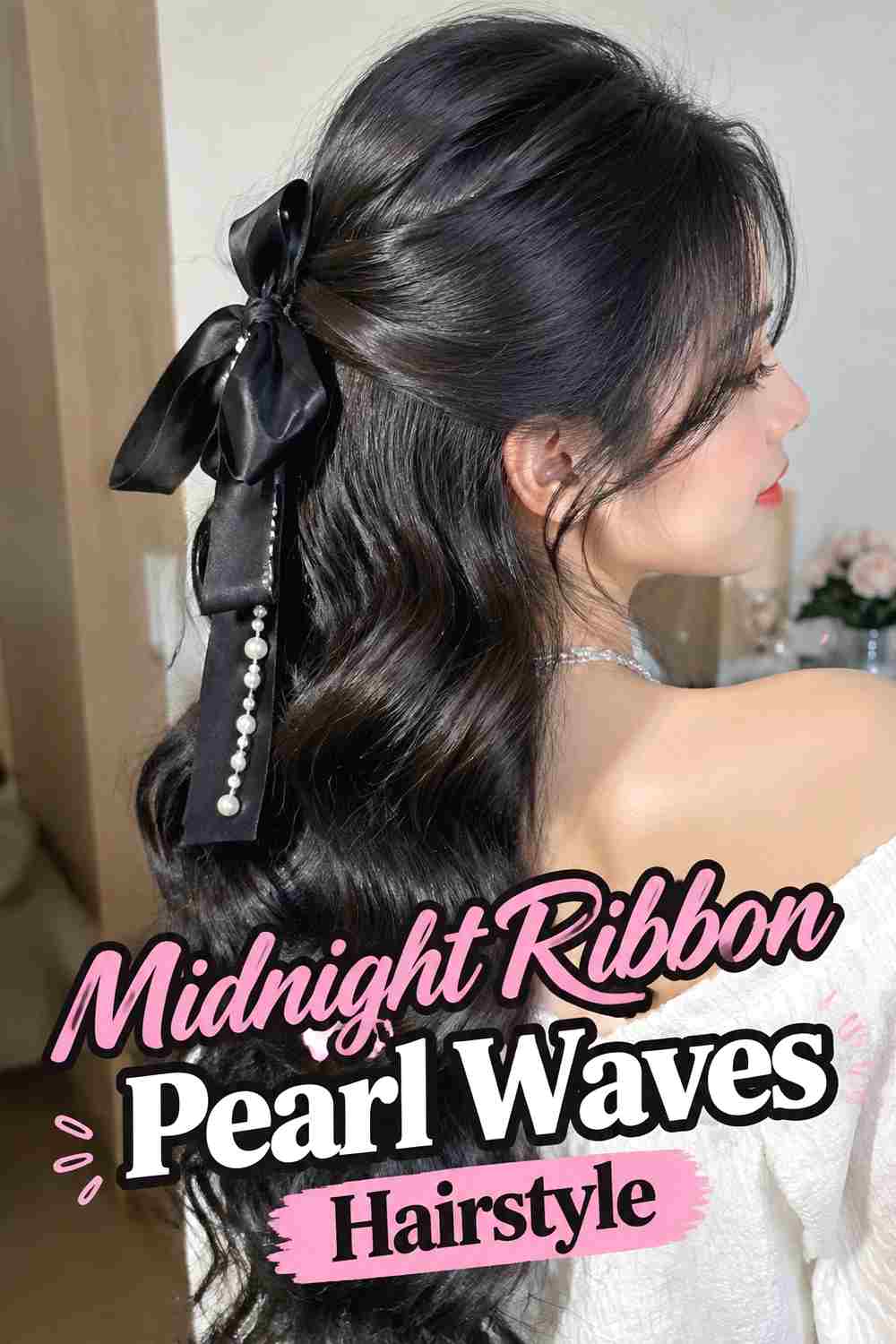 7. Midnight Ribbon Pearl Waves Hairstyle