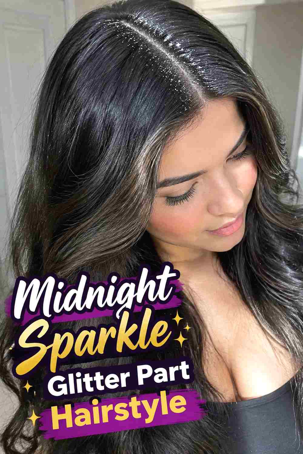 14. Midnight Sparkle Glitter Part Hairstyle