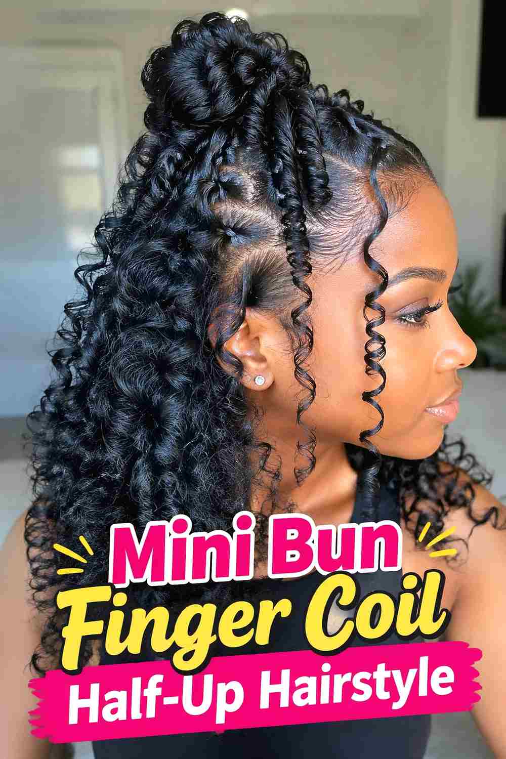3. Mini Bun Finger Coil Half Up Hairstyle