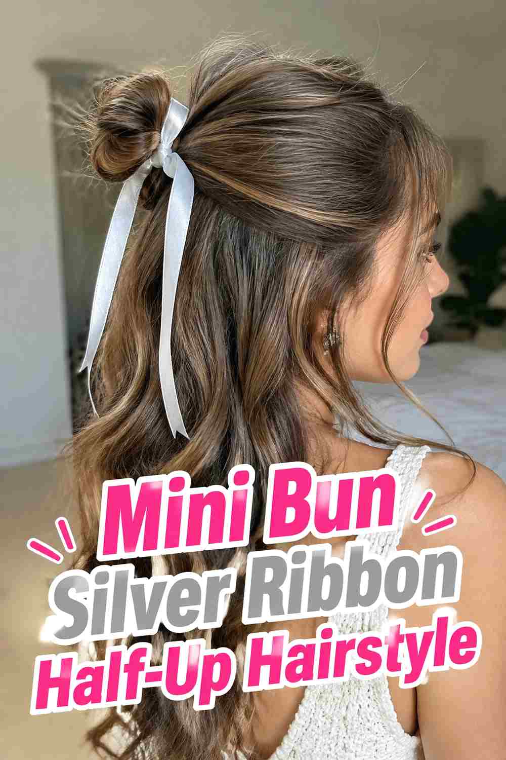 16. Mini Bun Silver Ribbon Half Up Hairstyle