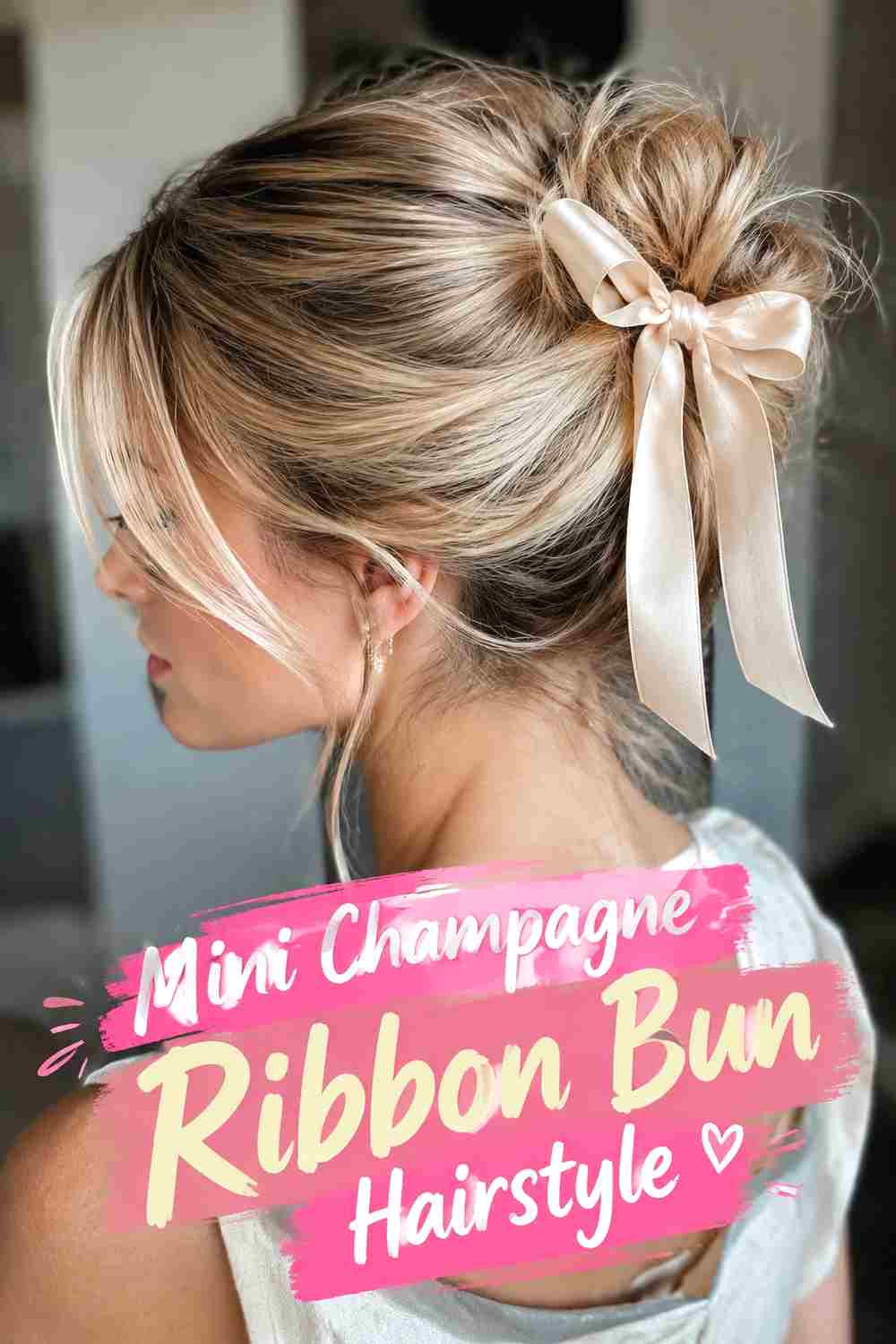14. Mini Champagne Ribbon Bun Hairstyle