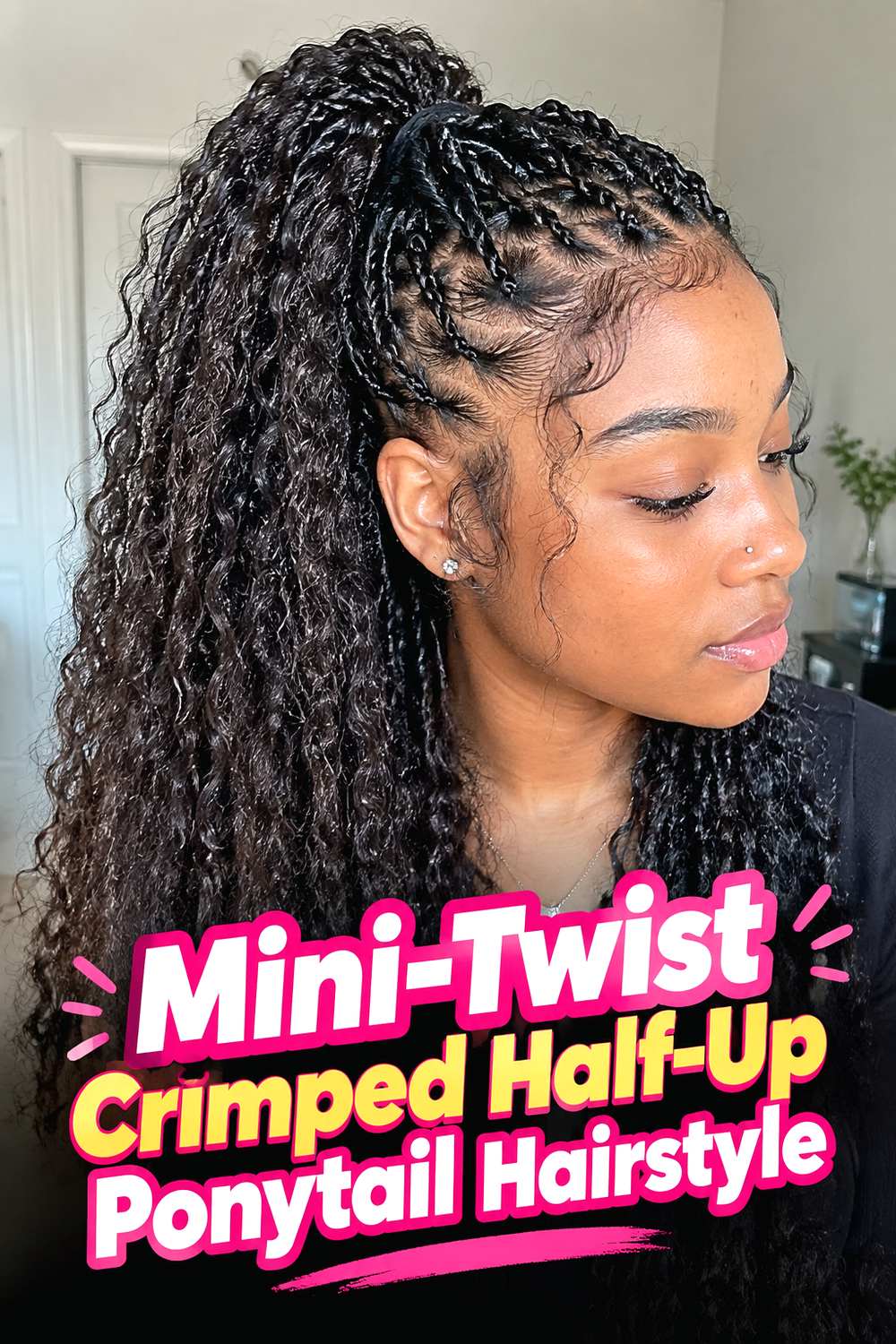 Mini-Twist Crimped Half-Up Ponytail Hairstyle