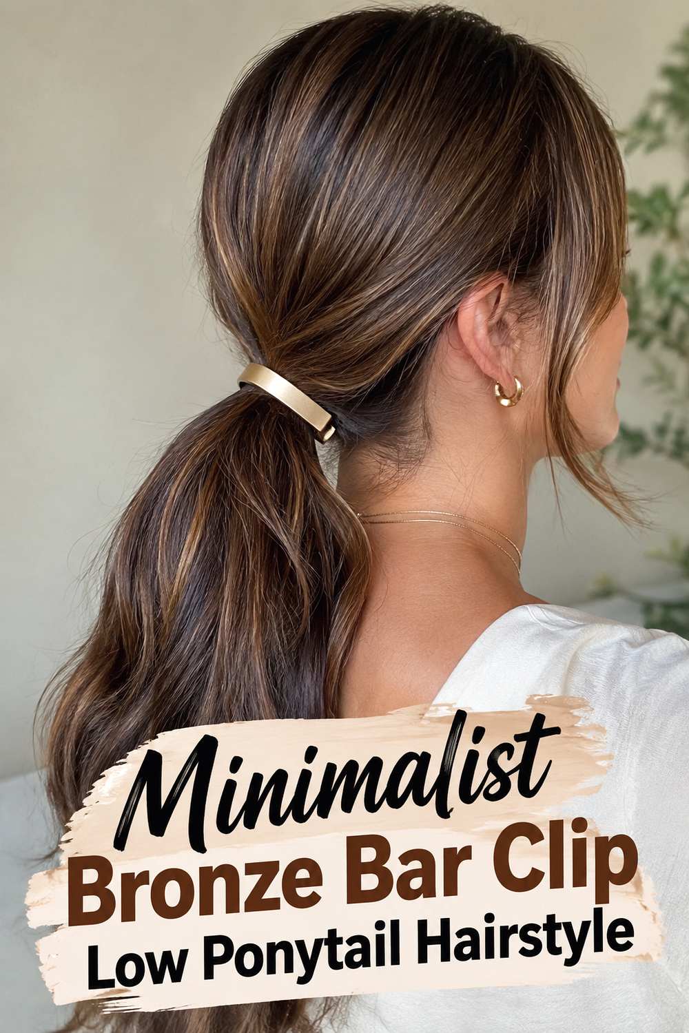 Minimalist Bronze Bar Clip Low Ponytail Hairstyle
