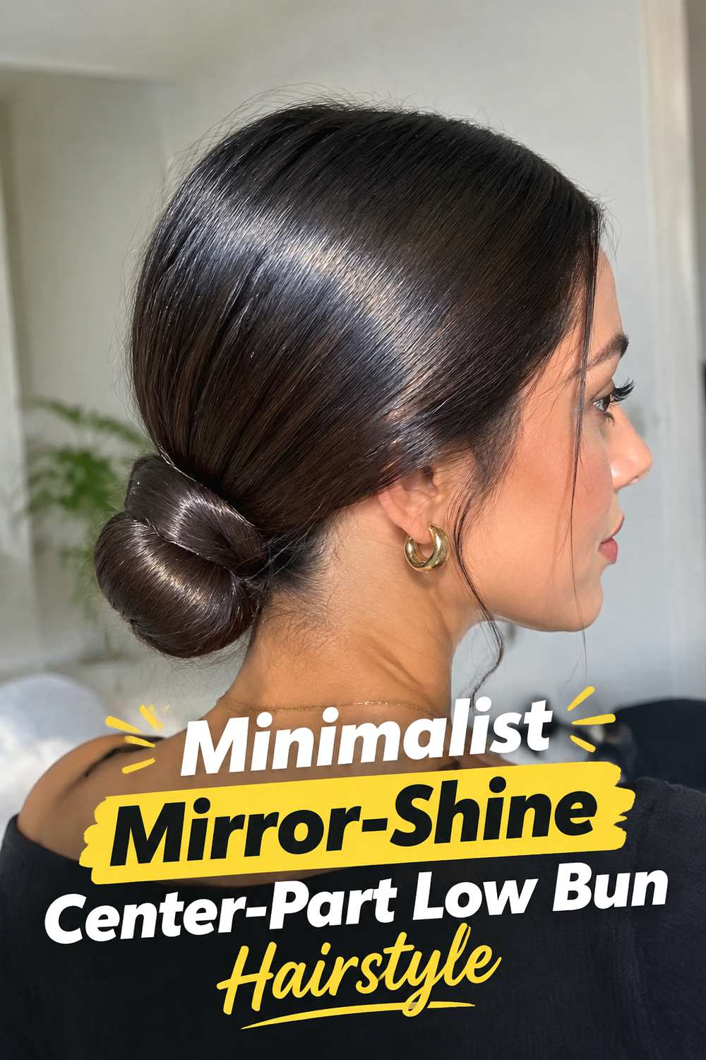 Minimalist Mirror-Shine Center-Part Low Bun Hairstyle