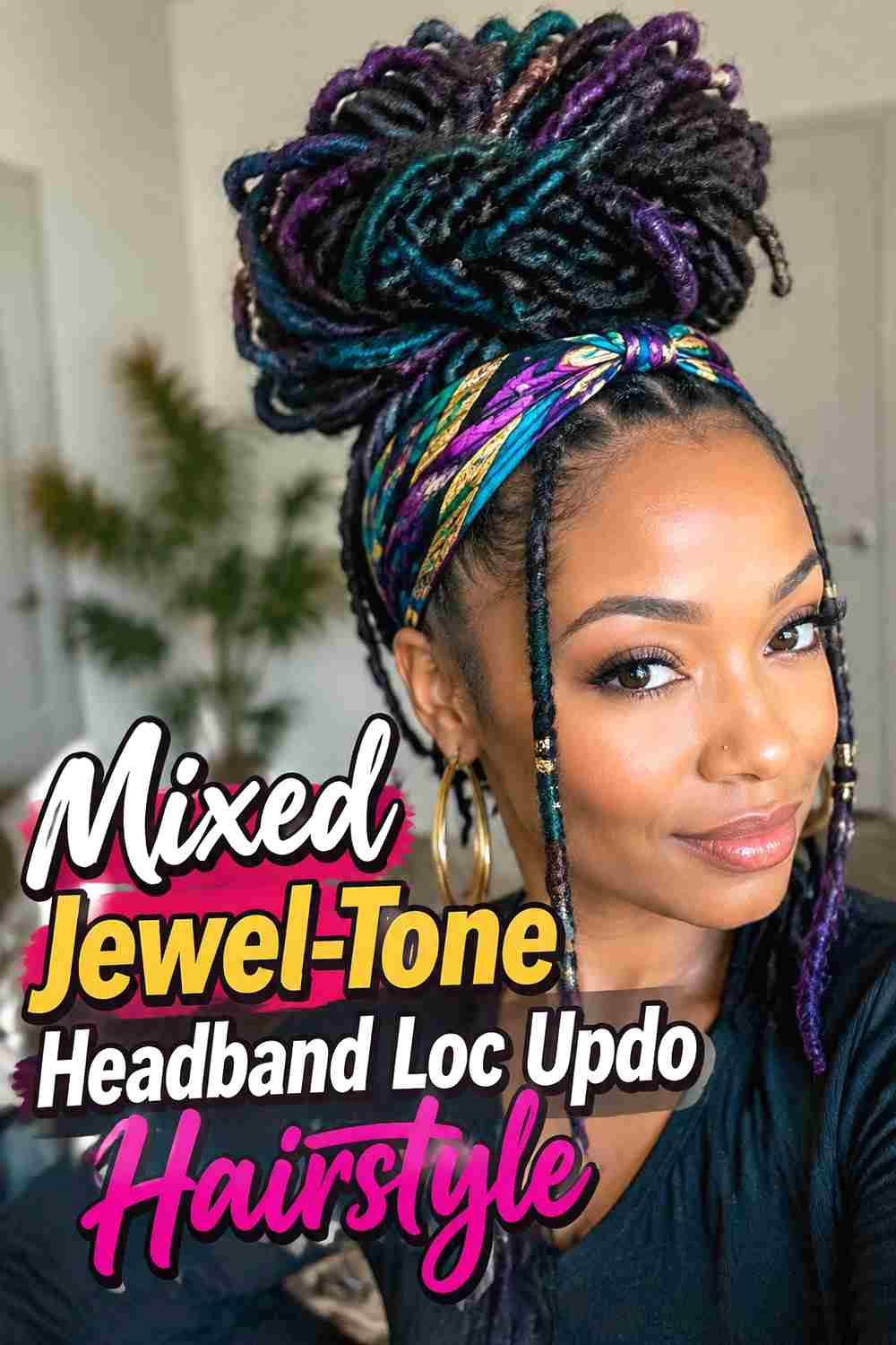 19. Mixed Jewel Tone Headband Loc Updo Hairstyle