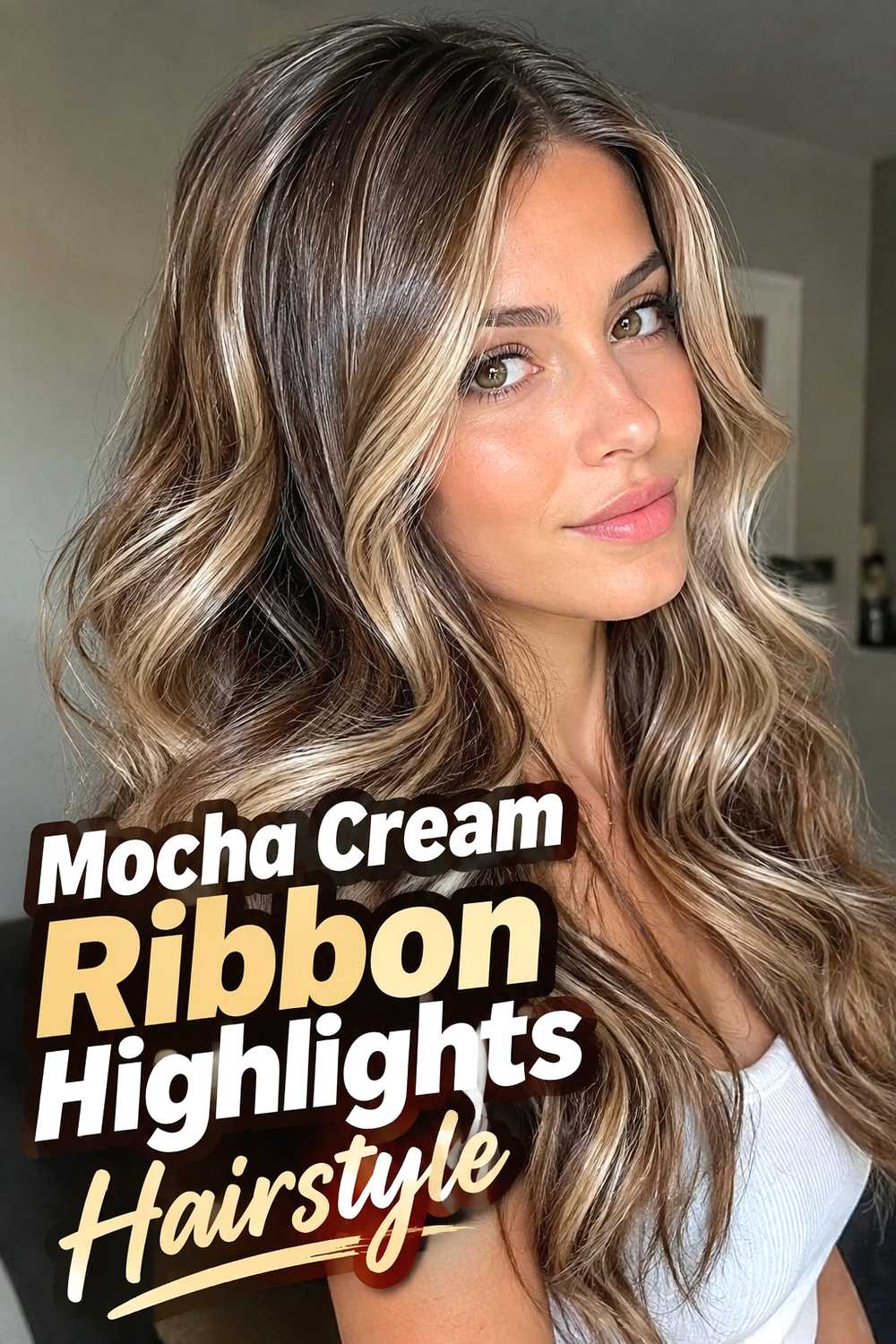 13. Mocha Cream Ribbon Highlights Hairstyle