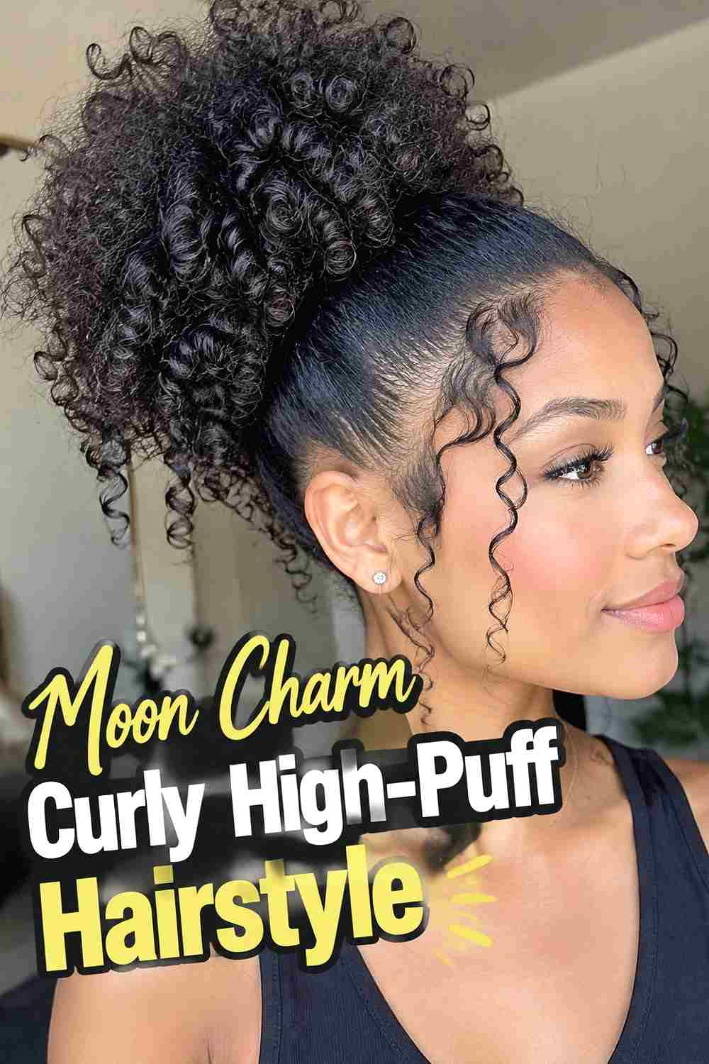 12. Moon Charm Curly High Puff Hairstyle