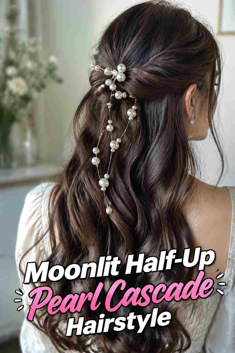 3. Moonlit Half Up Pearl Cascade Hairstyle