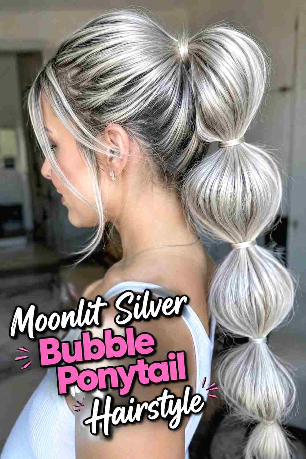 2. Moonlit Silver Bubble Ponytail Hairstyle