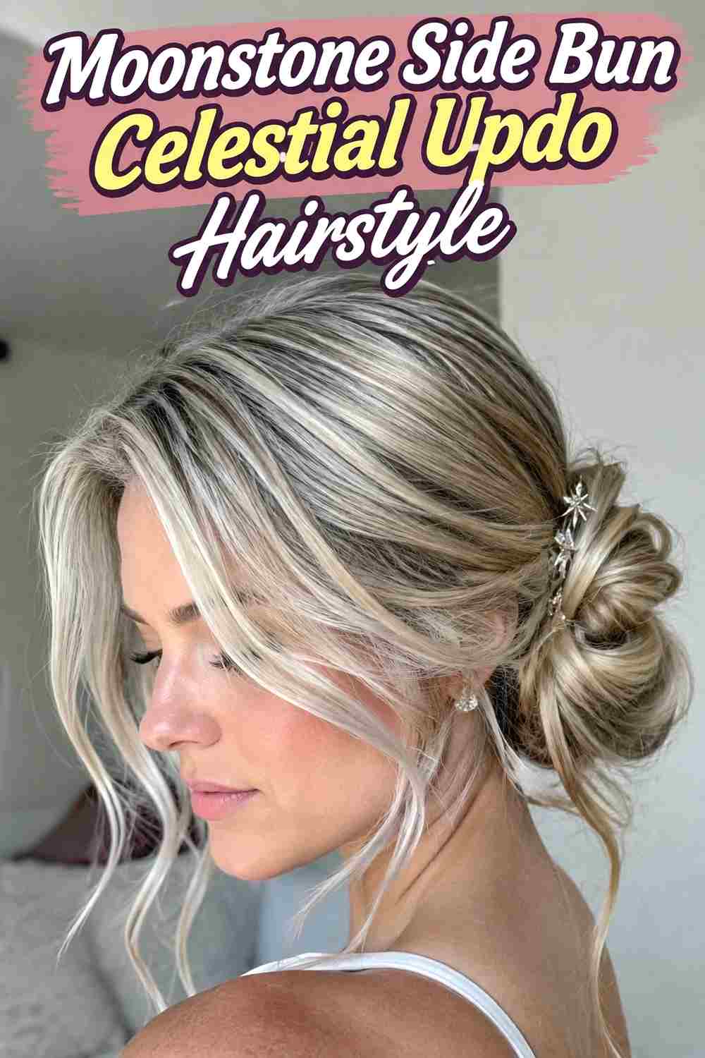 11. Moonstone Side Bun Celestial Updo Hairstyle