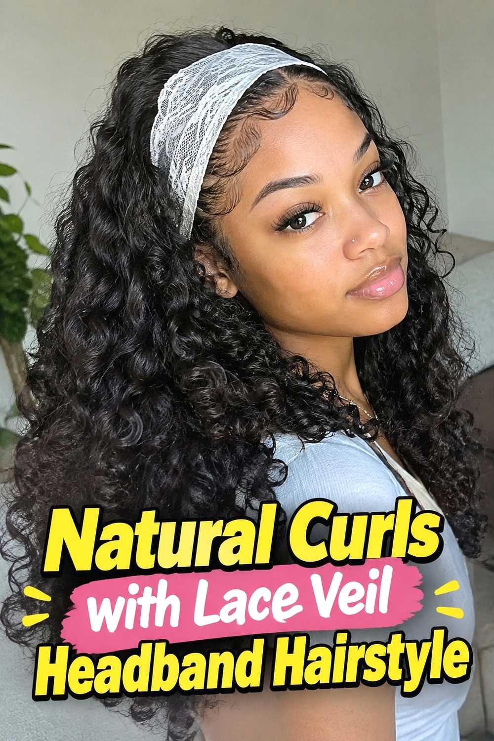 12. Natural Curls With Lace Veil Headband Hairstyle