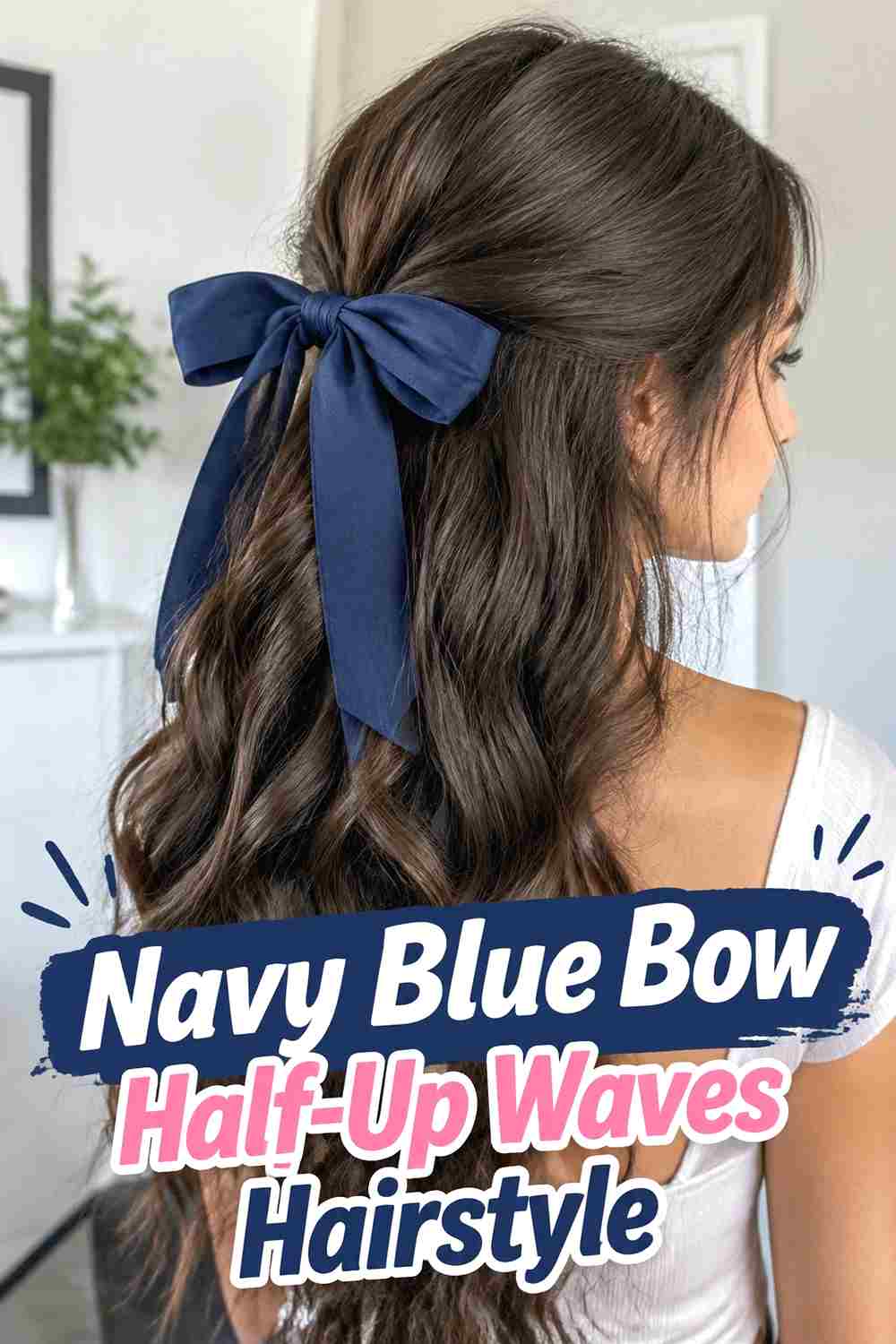 9. Navy Blue Bow Half Up Waves Hairstyle