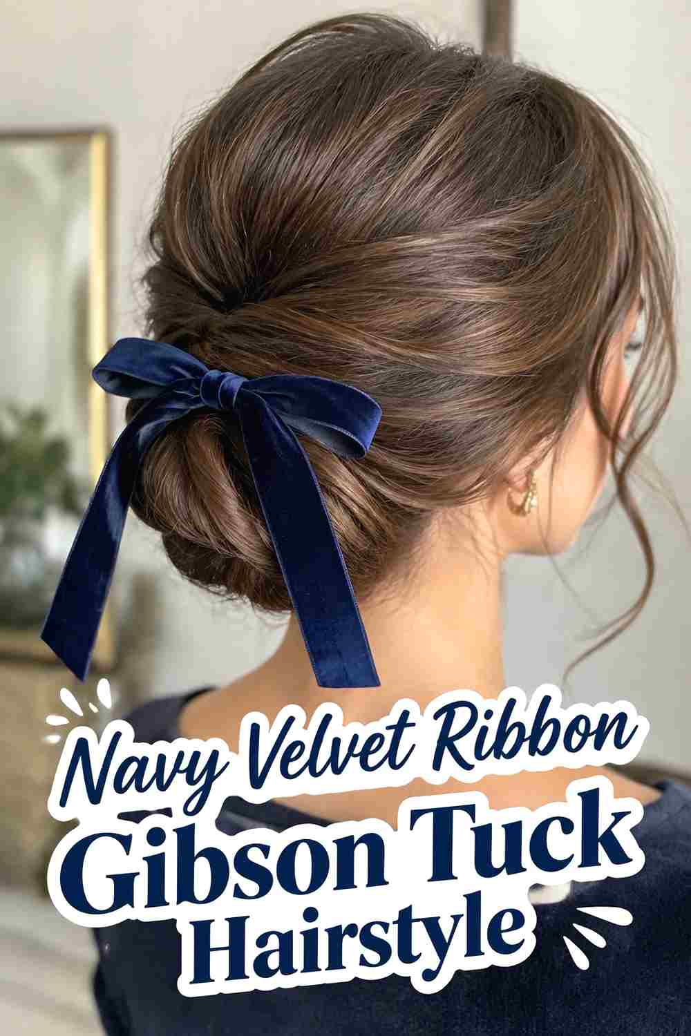5. Navy Velvet Ribbon Gibson Tuck Hairstyle