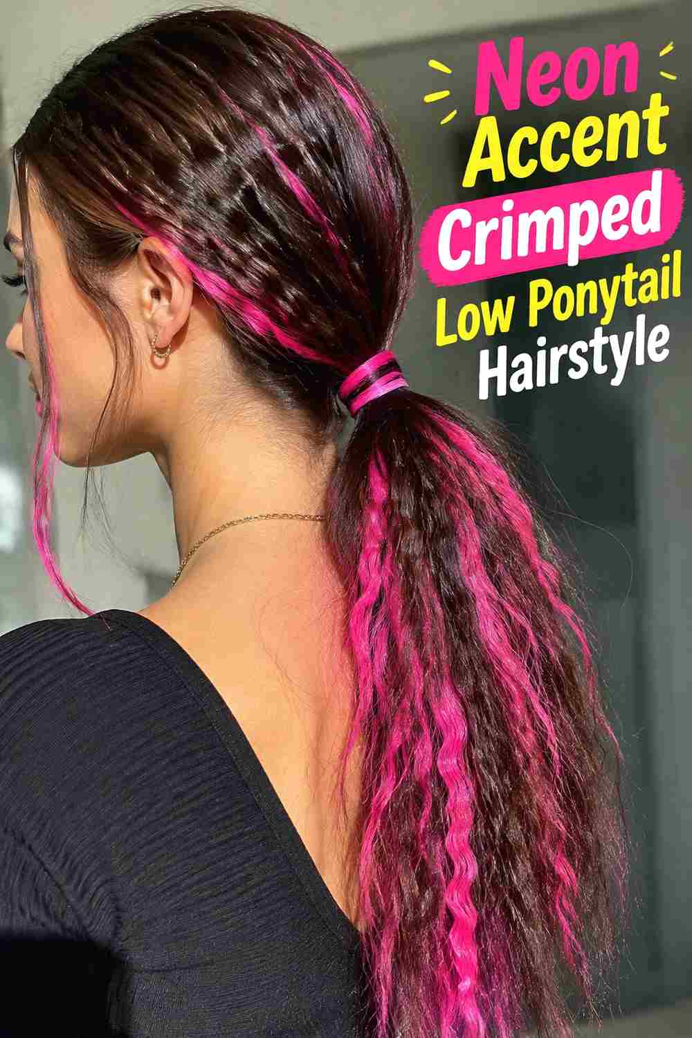 11. Neon Accent Crimped Low Ponytail Hairstyle