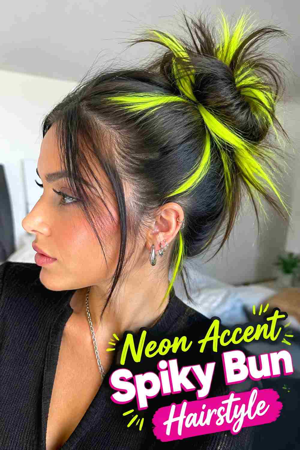 8. Neon Accent Spiky Bun Hairstyle