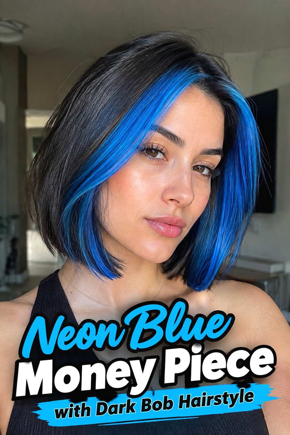 10. Neon Blue Money Piece With Dark Bob Hairstyle