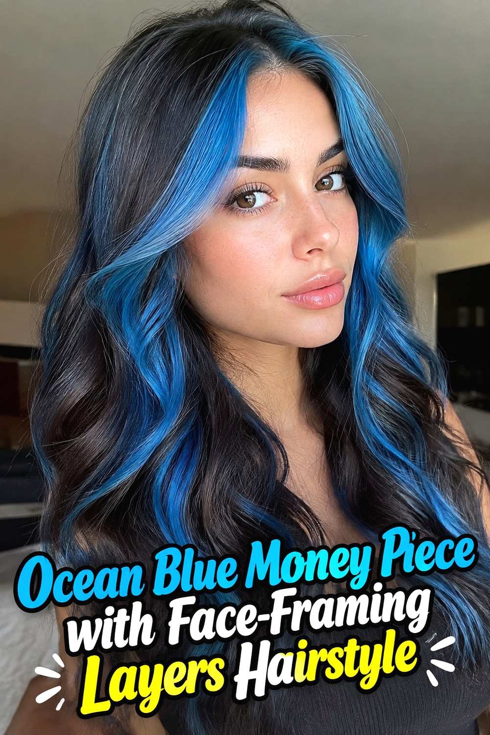 11. Ocean Blue Money Piece With Face Framing Layers Hairstyle