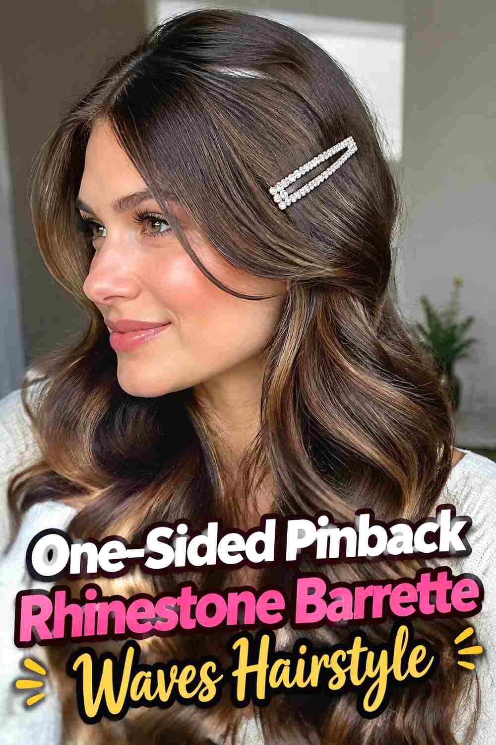18. One Sided Pinback Rhinestone Barrette Waves Hairstyle