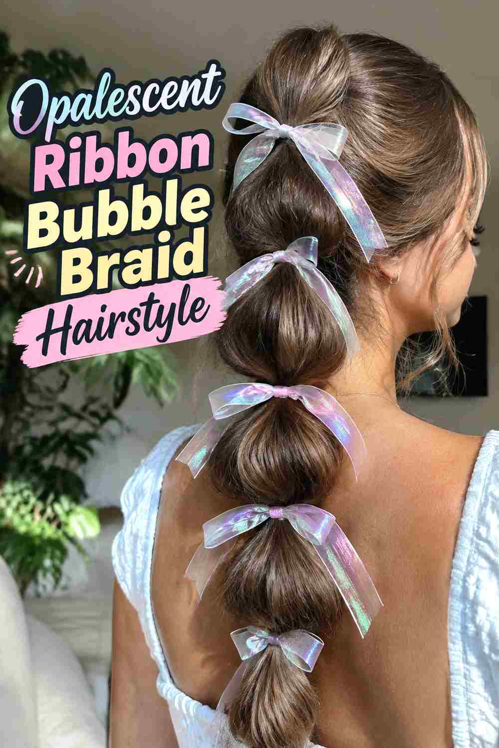 1. Opalescent Ribbon Bubble Braid Hairstyle