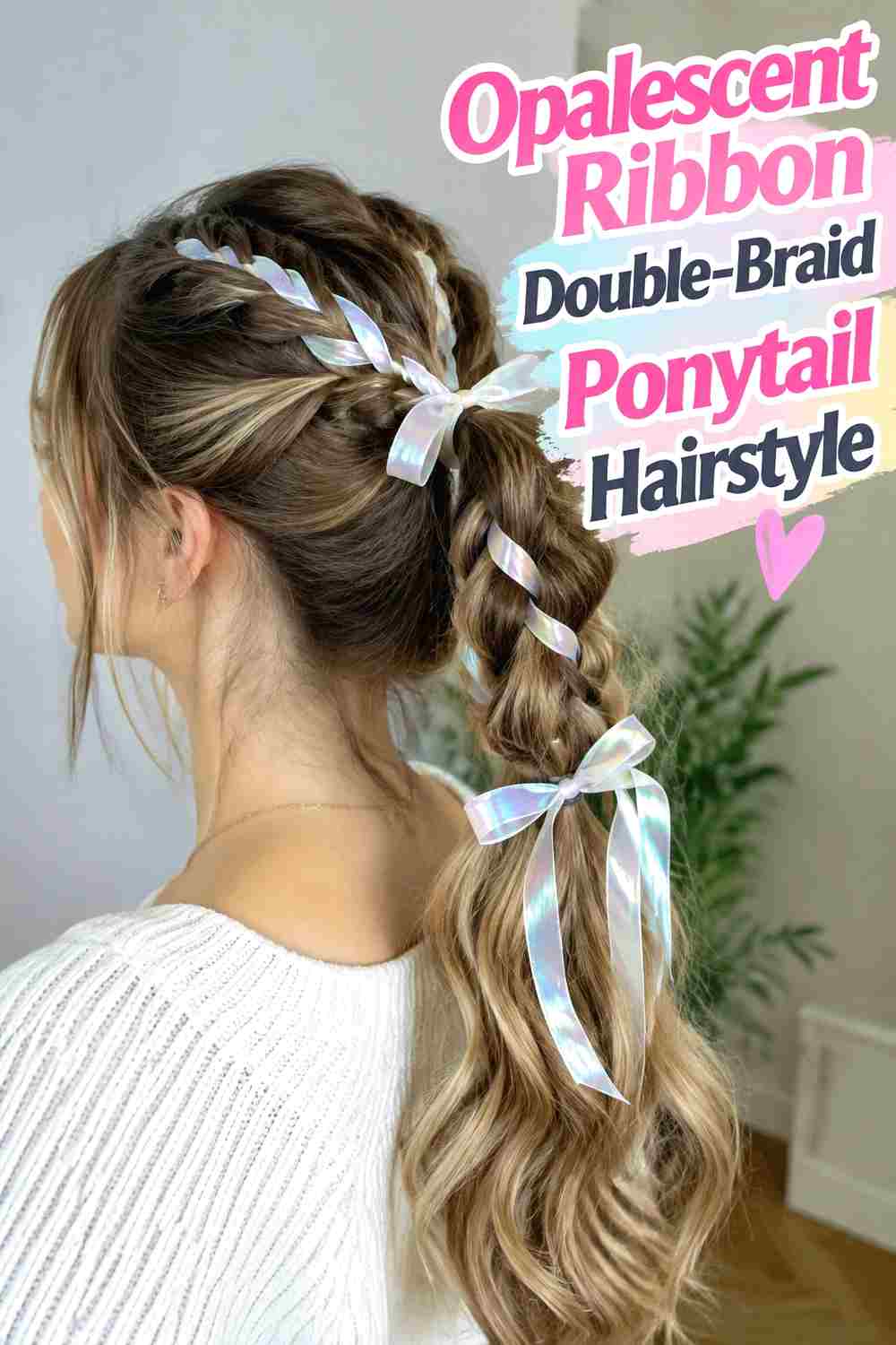 8. Opalescent Ribbon Double Braid Ponytail Hairstyle