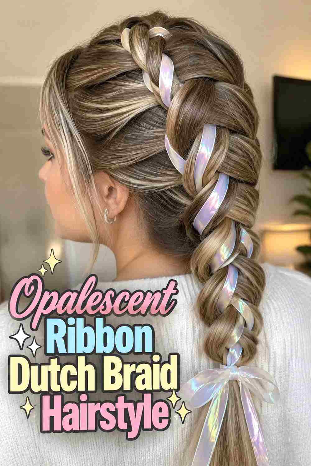 5. Opalescent Ribbon Dutch Braid Hairstyle