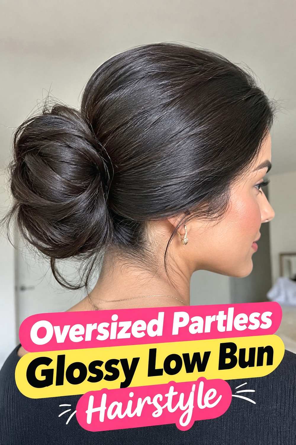 8. Oversized Partless Glossy Low Bun Hairstyle