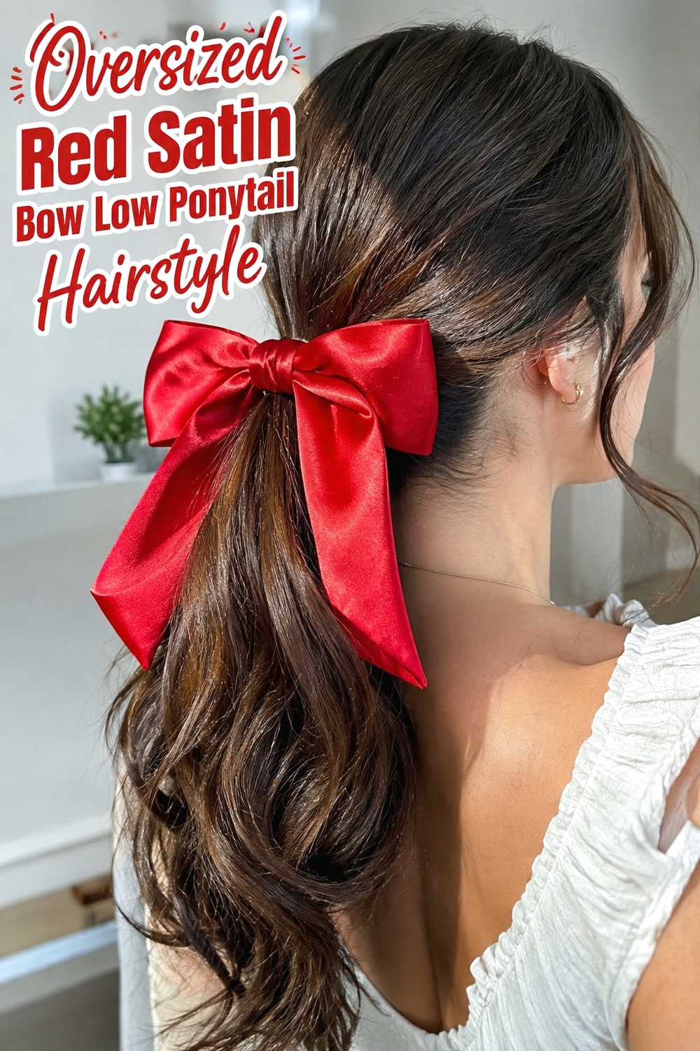 13. Oversized Red Satin Bow Low Ponytail Hairstyle