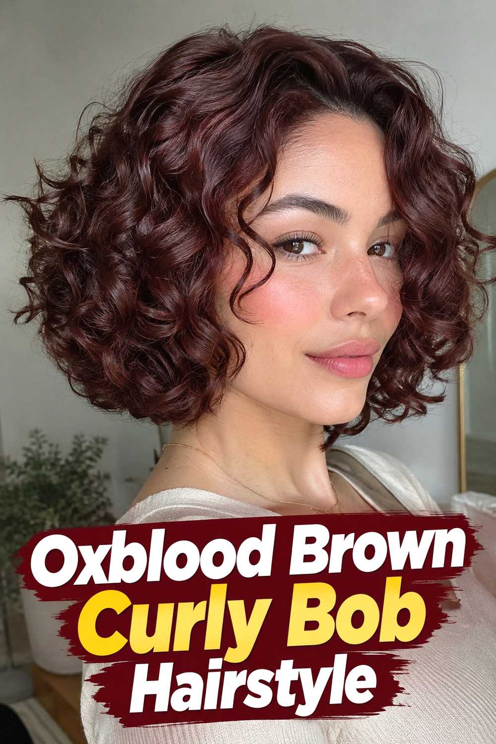 10. Oxblood Brown Curly Bob Hairstyle