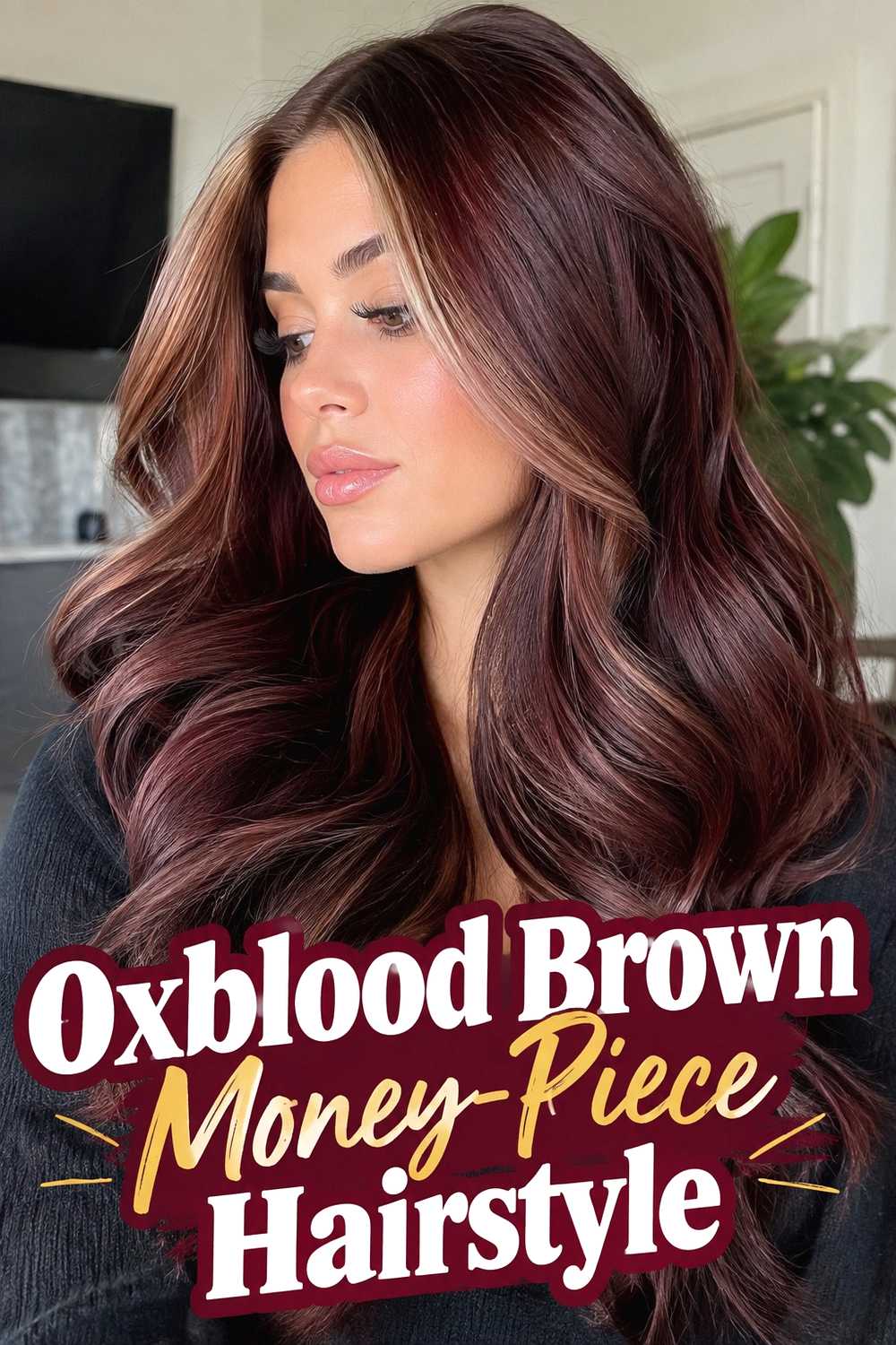 6. Oxblood Brown Money Piece Hairstyle