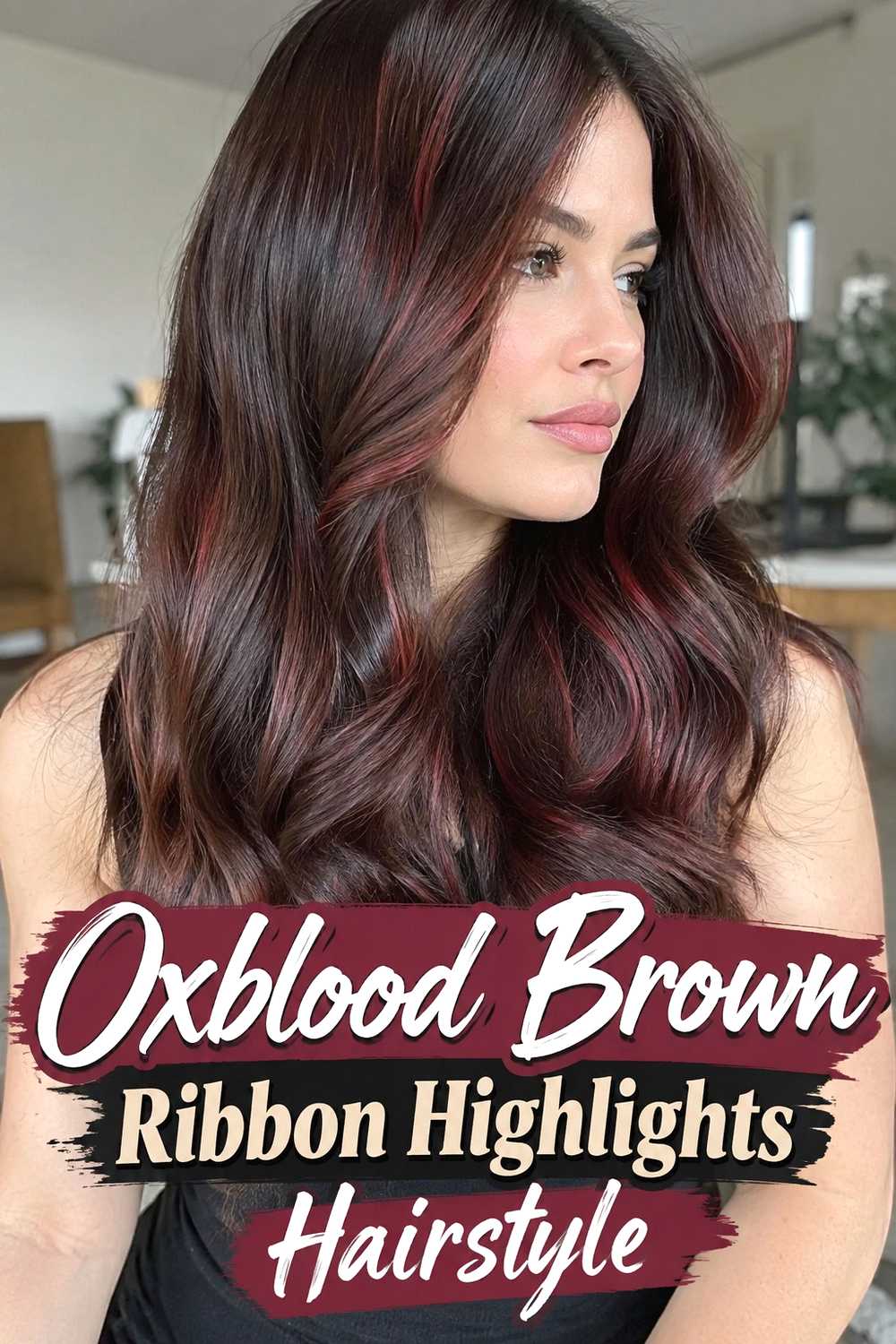 4. Oxblood Brown Ribbon Highlights Hairstyle