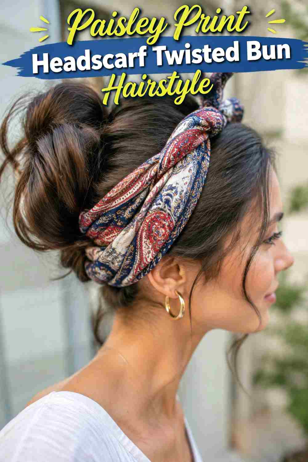3. Paisley Print Headscarf Twisted Bun Hairstyle