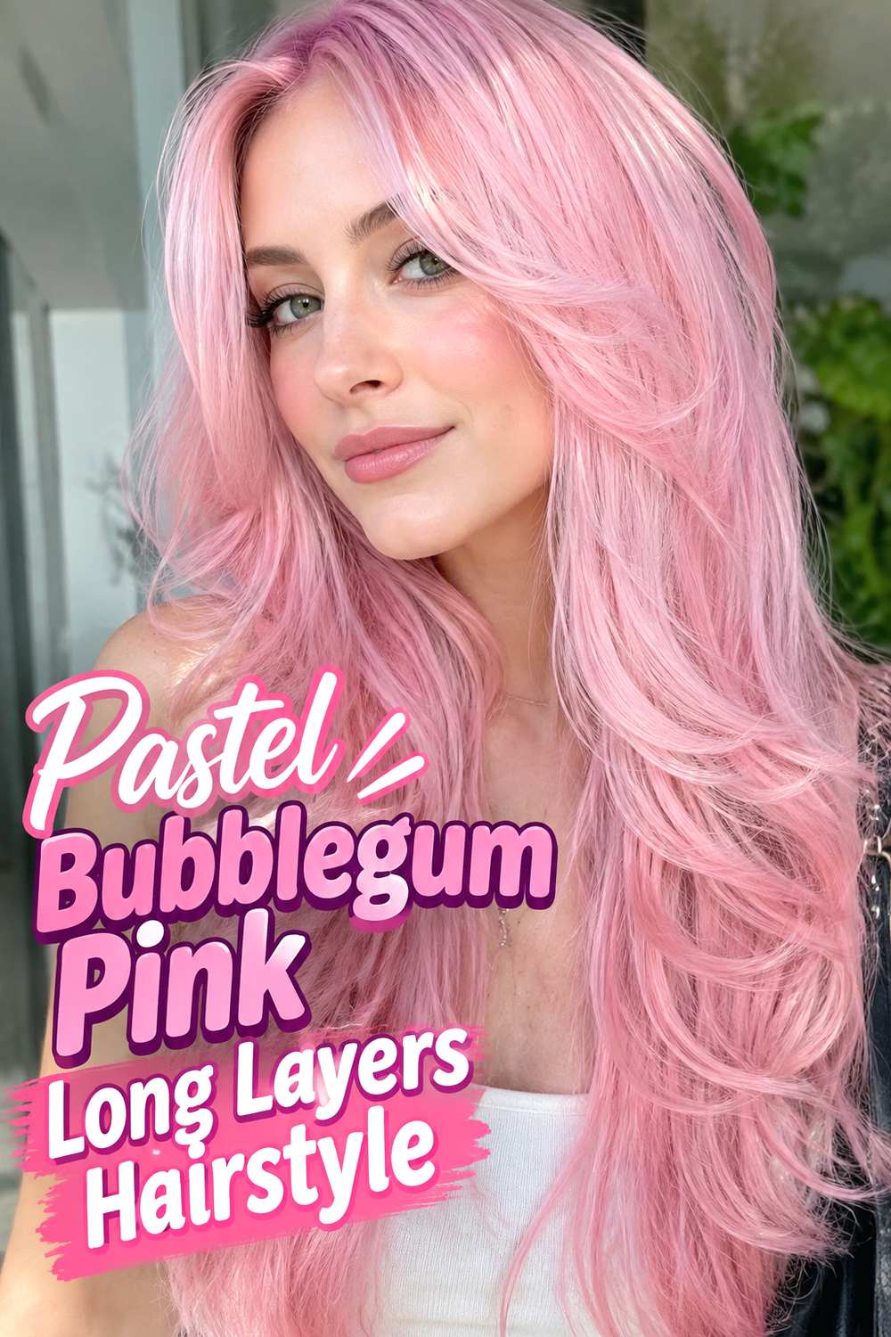 Pastel Bubblegum Pink Long Layers Hairstyle