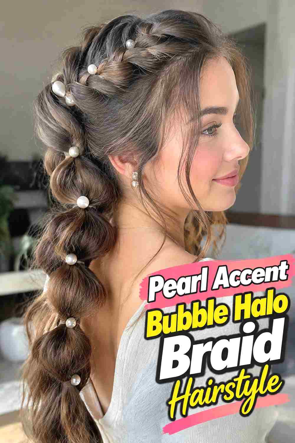 10. Pearl Accent Bubble Halo Braid Hairstyle