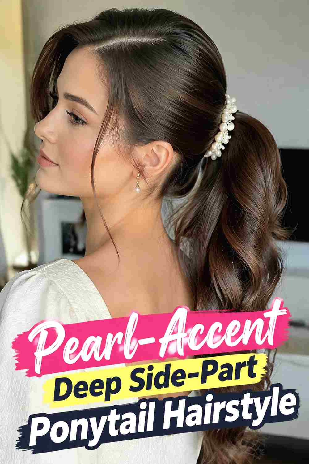 20. Pearl Accent Deep Side Part Ponytail Hairstyle