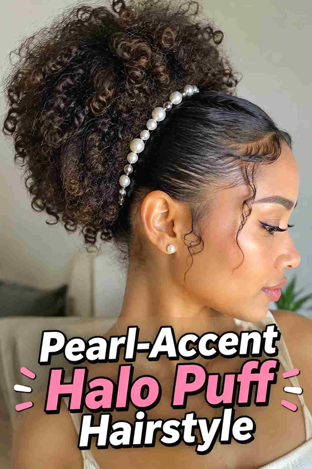 16. Pearl Accent Halo Puff Hairstyle