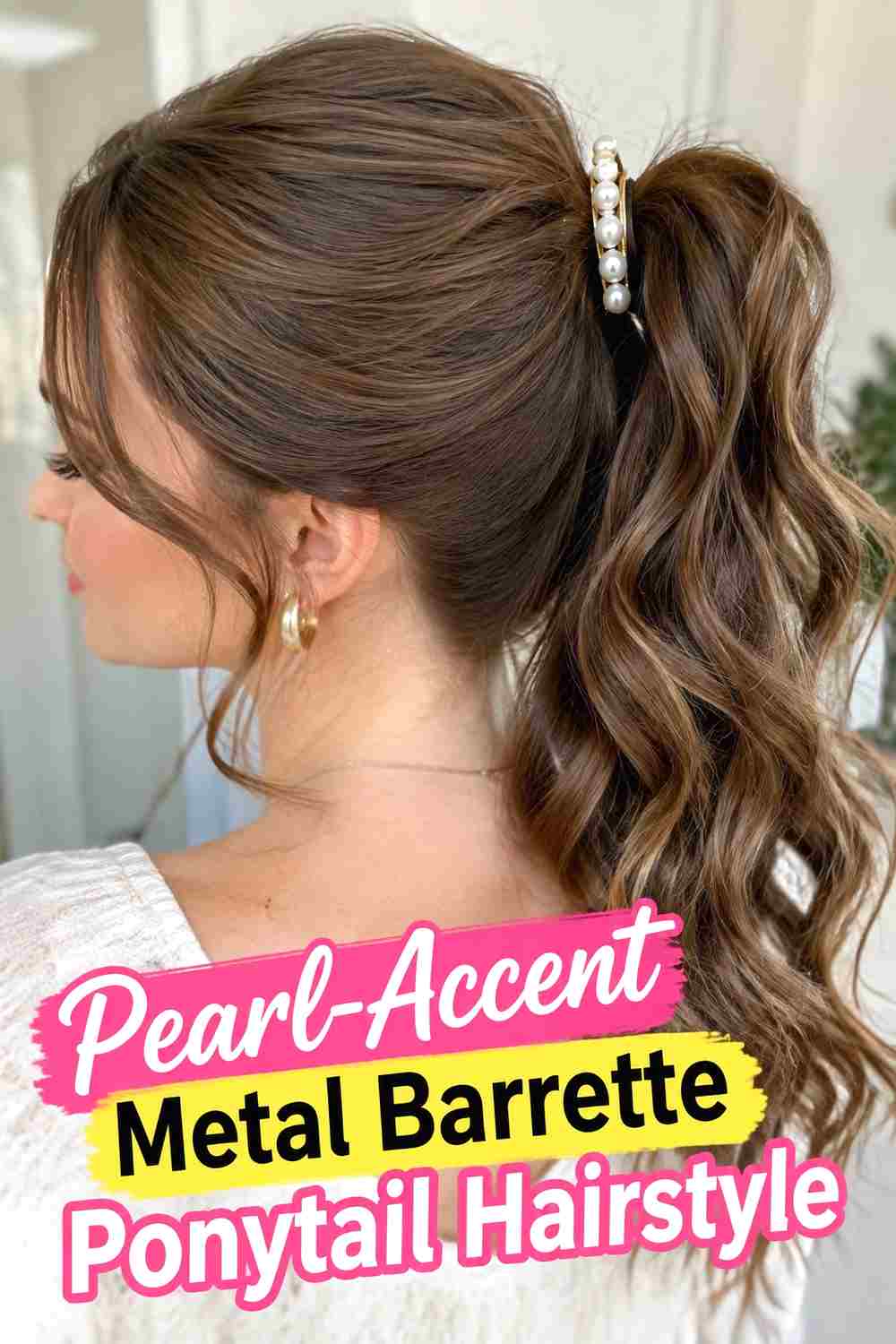 14. Pearl Accent Metal Barrette Ponytail Hairstyle