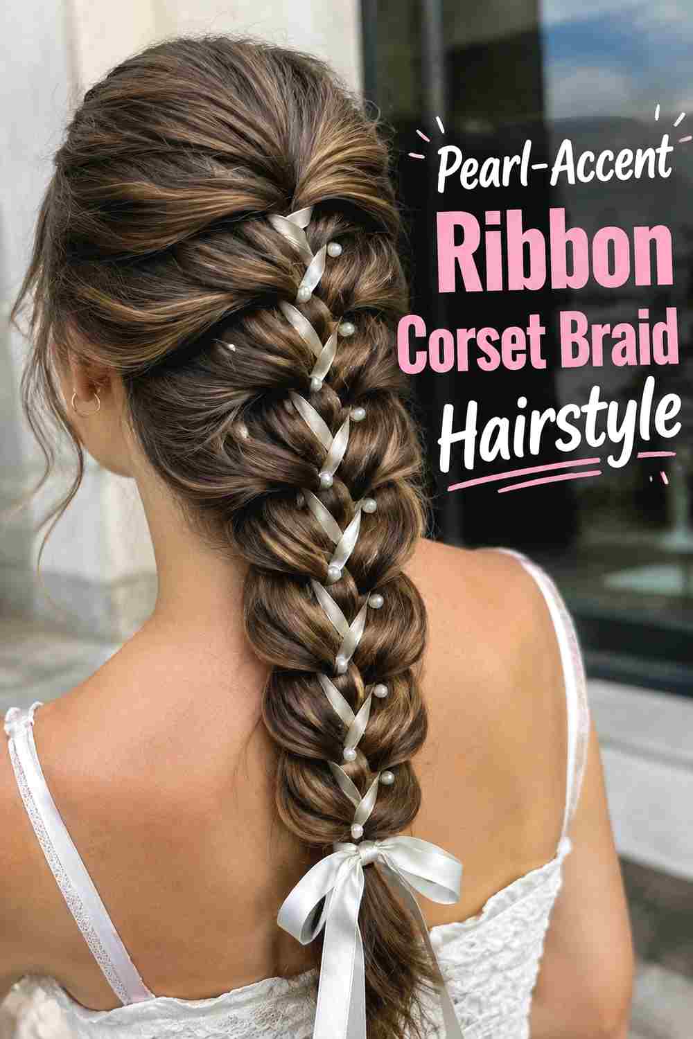 11. Pearl Accent Ribbon Corset Braid Hairstyle